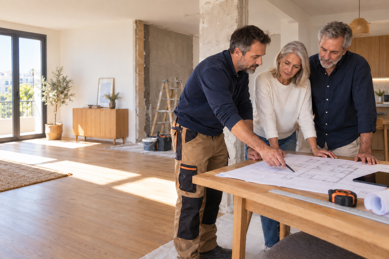 Un profesional revisa los planos de una reforma con los propietarios de la vivienda